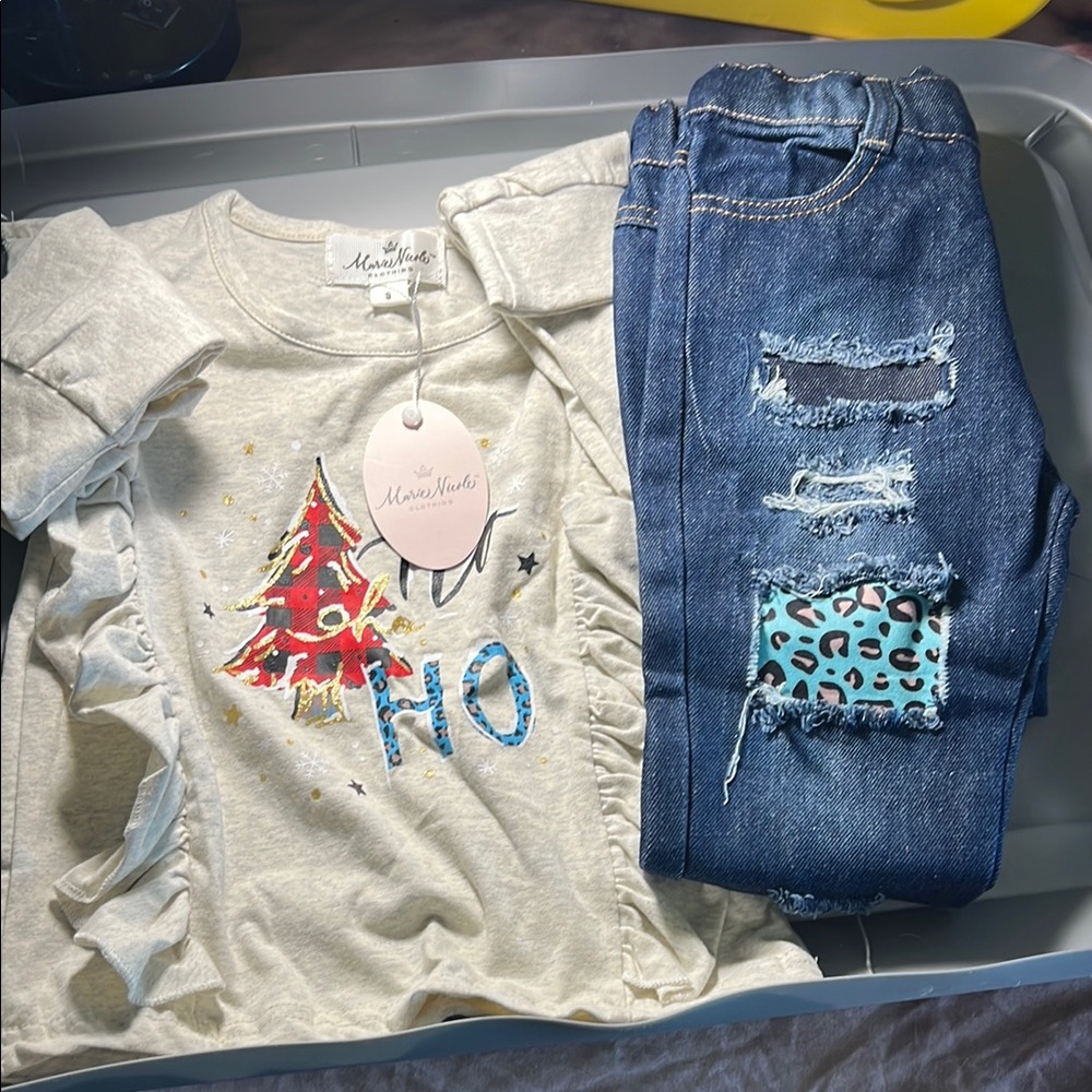 Girls' Festive Top and Distressed Jeans Set